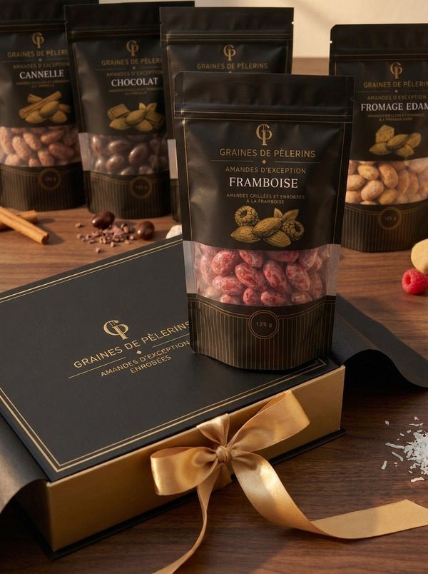 Coffret Amandes d'Exception 5 Favoris - détail de l'écrin noir et or, ruban - Graines de Pèlerins