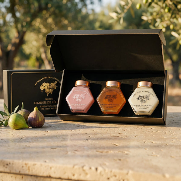Composez votre coffret de trois miels rares, écrin signature, scène méditerranéenne d'été