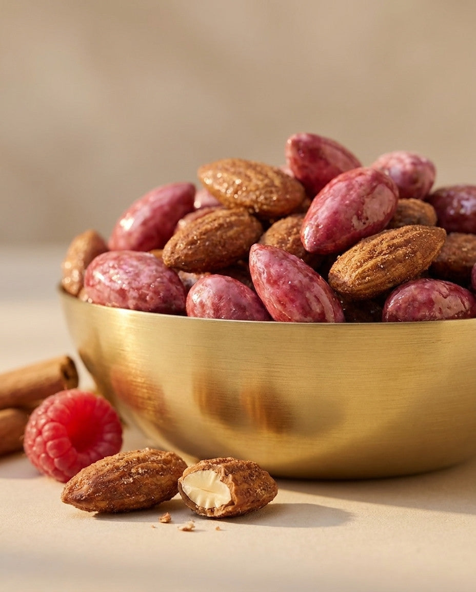 Amandes Framboise carmin et amandes dorées dans une coupe en laiton, framboise fraîche et cannelle