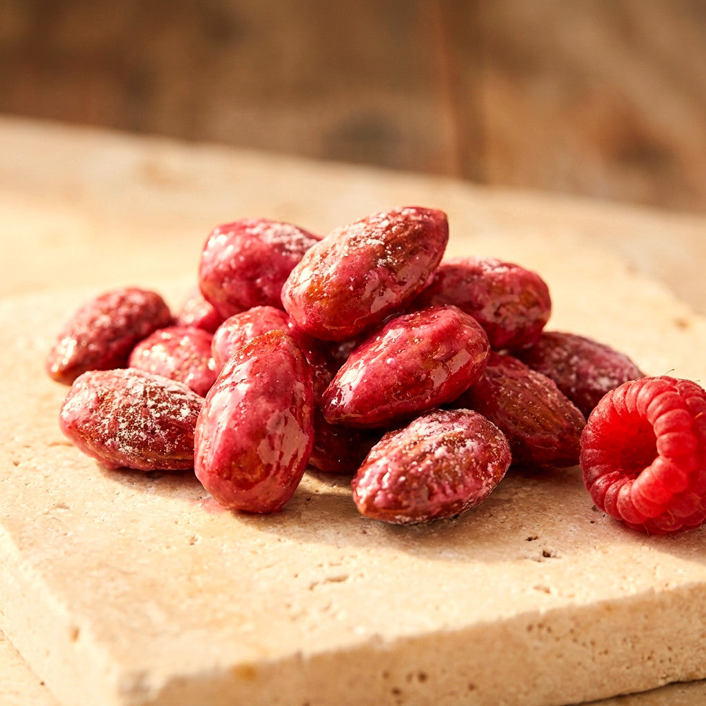 Amandes Framboise à l’enrobage carmin glacé en tas sur travertin, framboise fraîche