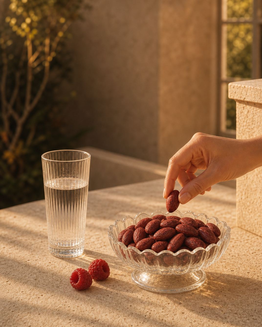 Amandes Framboise servies à la main dans une orangerie à la lumière dorée