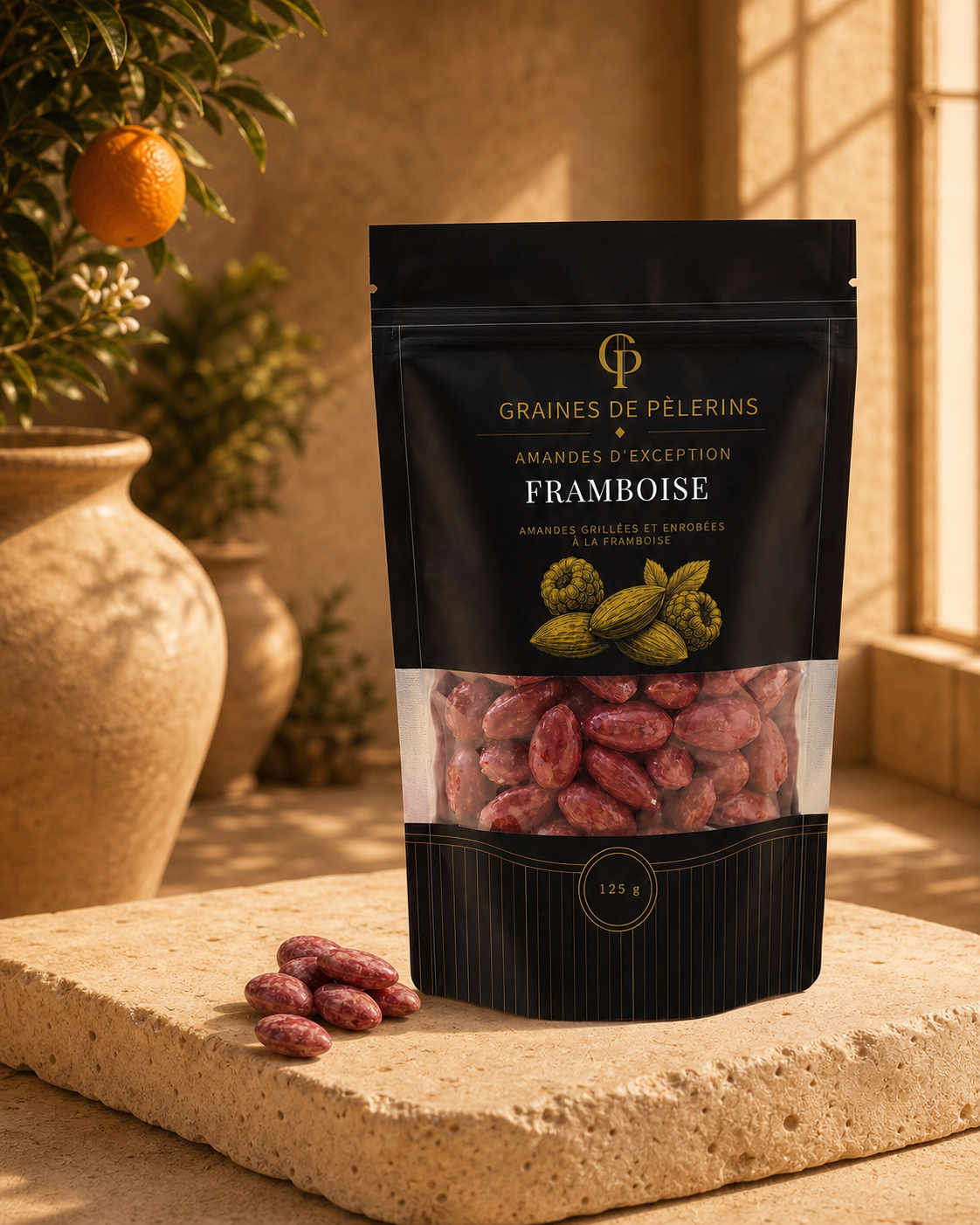 Sachet actuel Amandes Framboise 125 g dans une orangerie