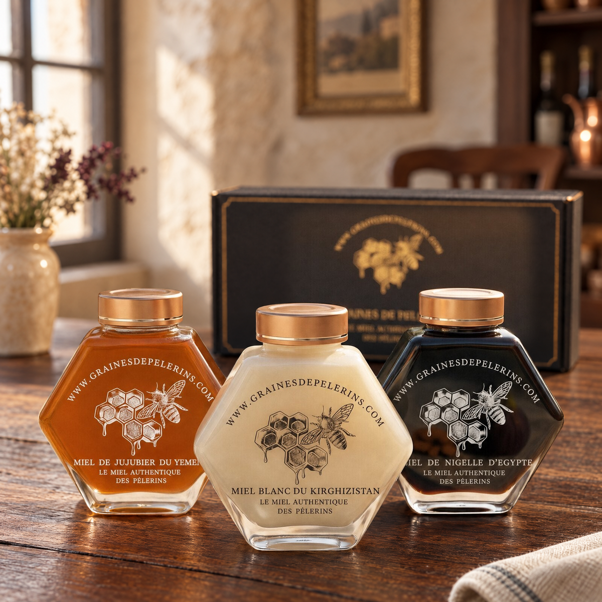 Le Coffret Vitalité : Jujubier, Blanc et Nigelle devant leur grand coffret, dans une scène de dégustation.