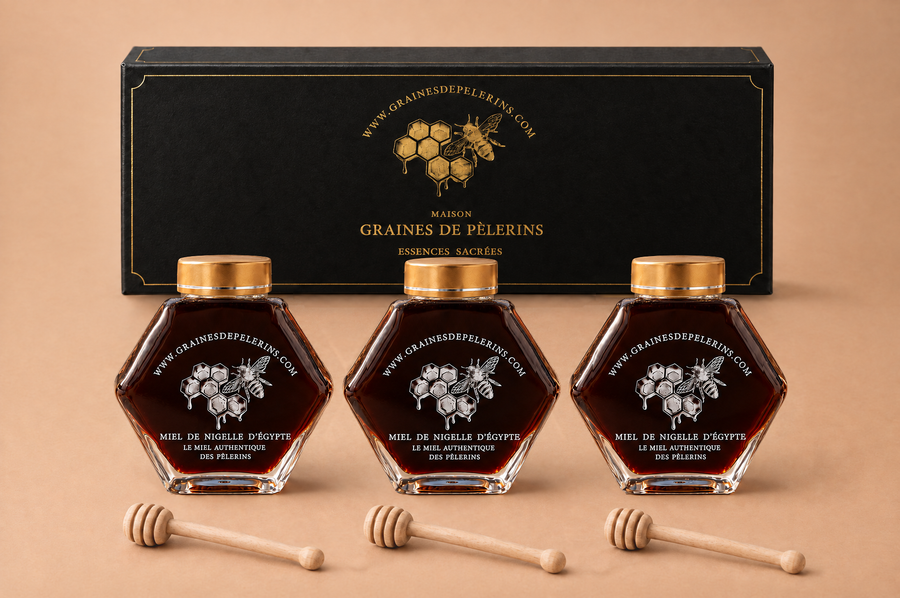 Cure 3 mois de Miel de Nigelle d'Égypte : 3 pots de 250 g devant le grand coffret noir et or de la Maison, avec 3 cuillères à miel en bois