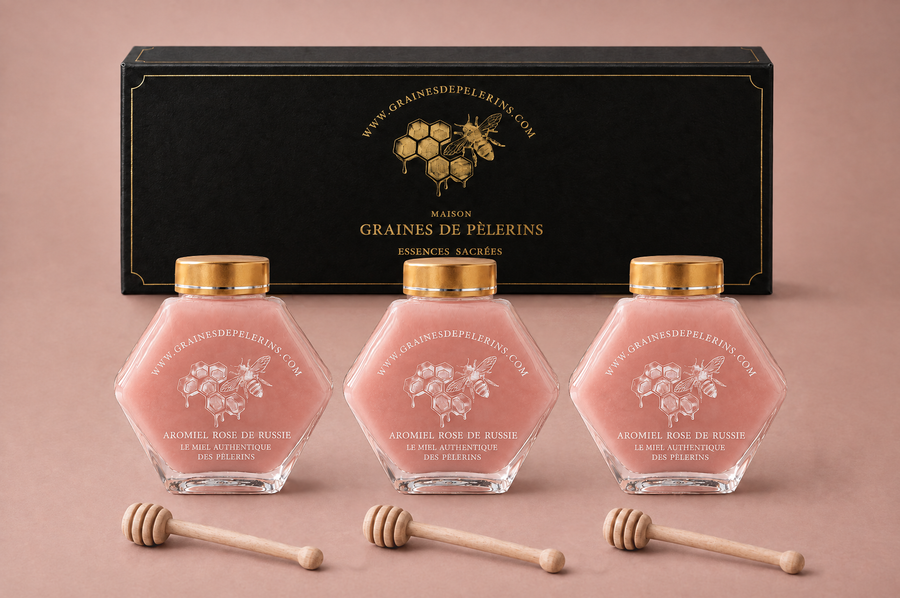 Cure 3 mois d'Aromiel Rose de Russie : 3 pots de 250 g devant le grand coffret noir et or de la Maison, avec 3 cuillères à miel en bois