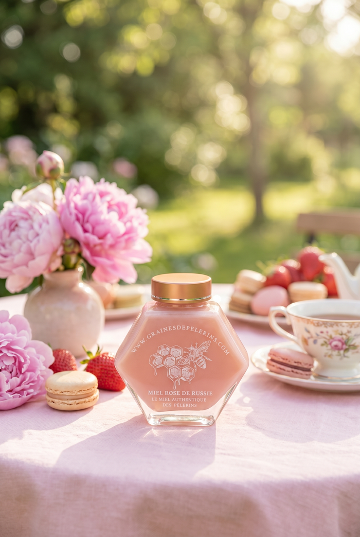 Pot de Miel Rose de Russie sur une table d'été en jardin, pivoines roses et macarons — Graines de Pèlerins