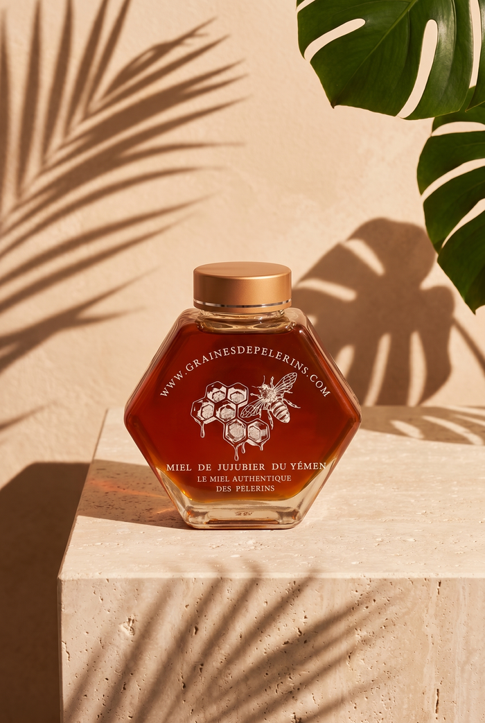 Pot de Miel de Jujubier du Yémen sur travertin, ombre de palme et lumière chaude d'été — Graines de Pèlerins