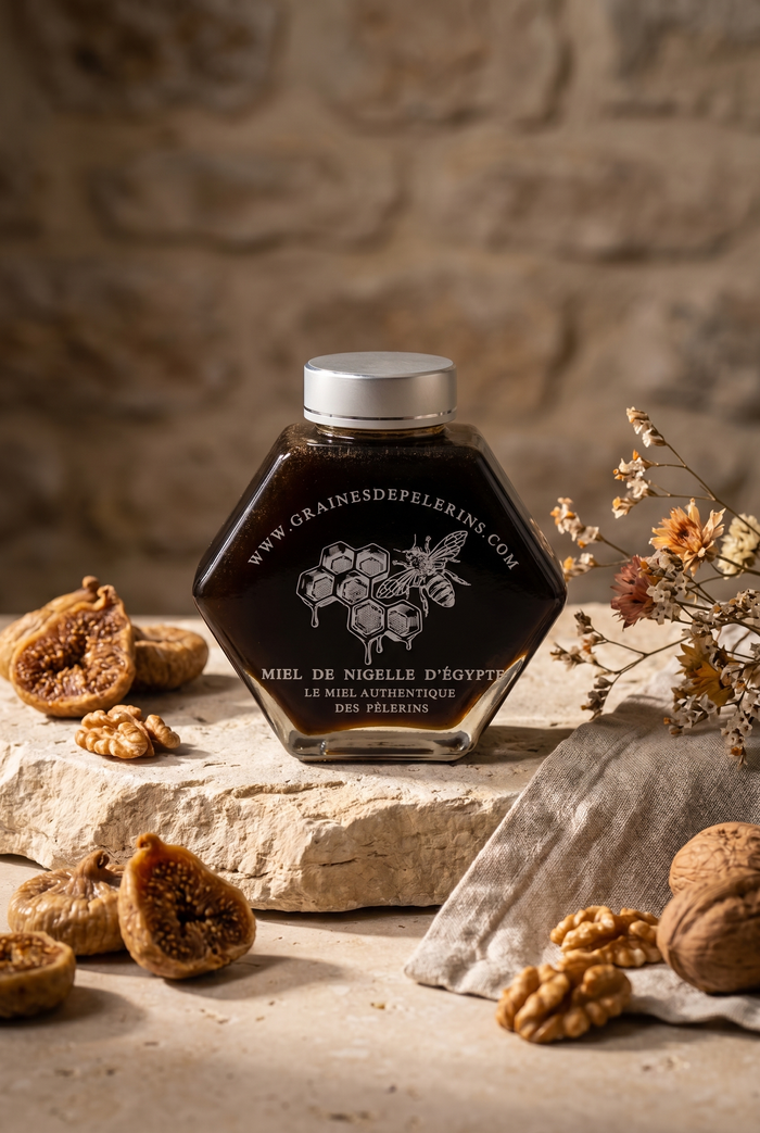 Pot de Miel de Nigelle d'Égypte sur un terroir d'été ensoleillé, figues, olives et pierre chaude — Graines de Pèlerins