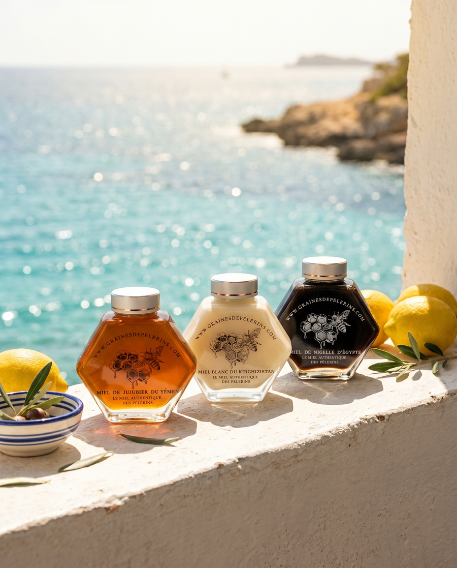 Trois miels rares Graines de Pèlerins alignés sur un muret blanc face à la mer, citrons et olives d'été