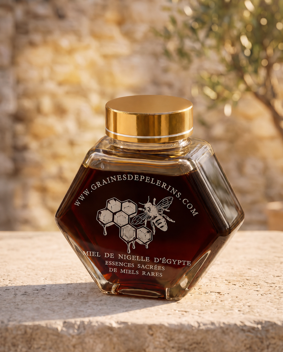 Portrait du pot actuel de Miel de Nigelle d’Égypte dans une lumière provençale chaude