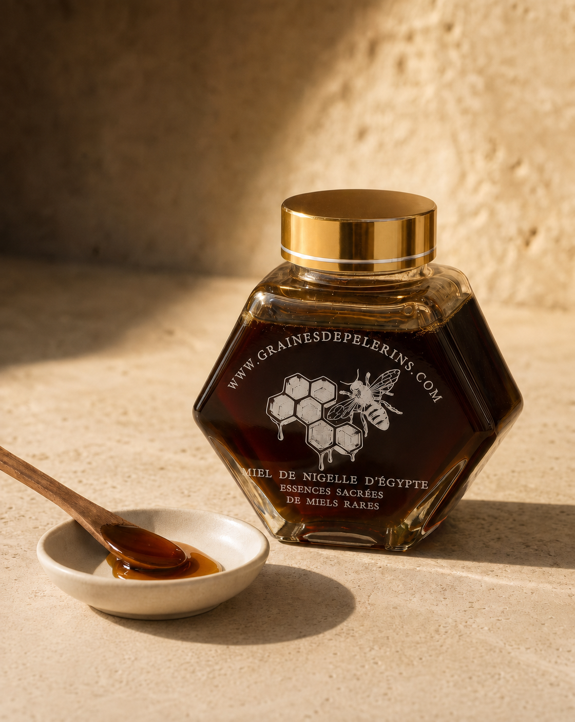 Service du Miel de Nigelle avec le pot actuel et un filet de miel acajou