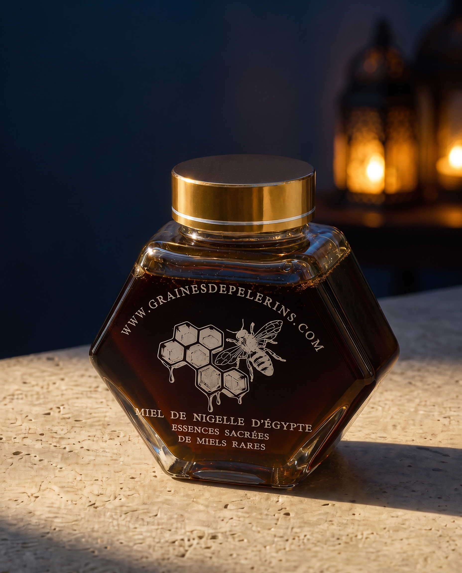 Pot actuel de Miel de Nigelle d’Égypte dans une scène du soir à la lumière dorée