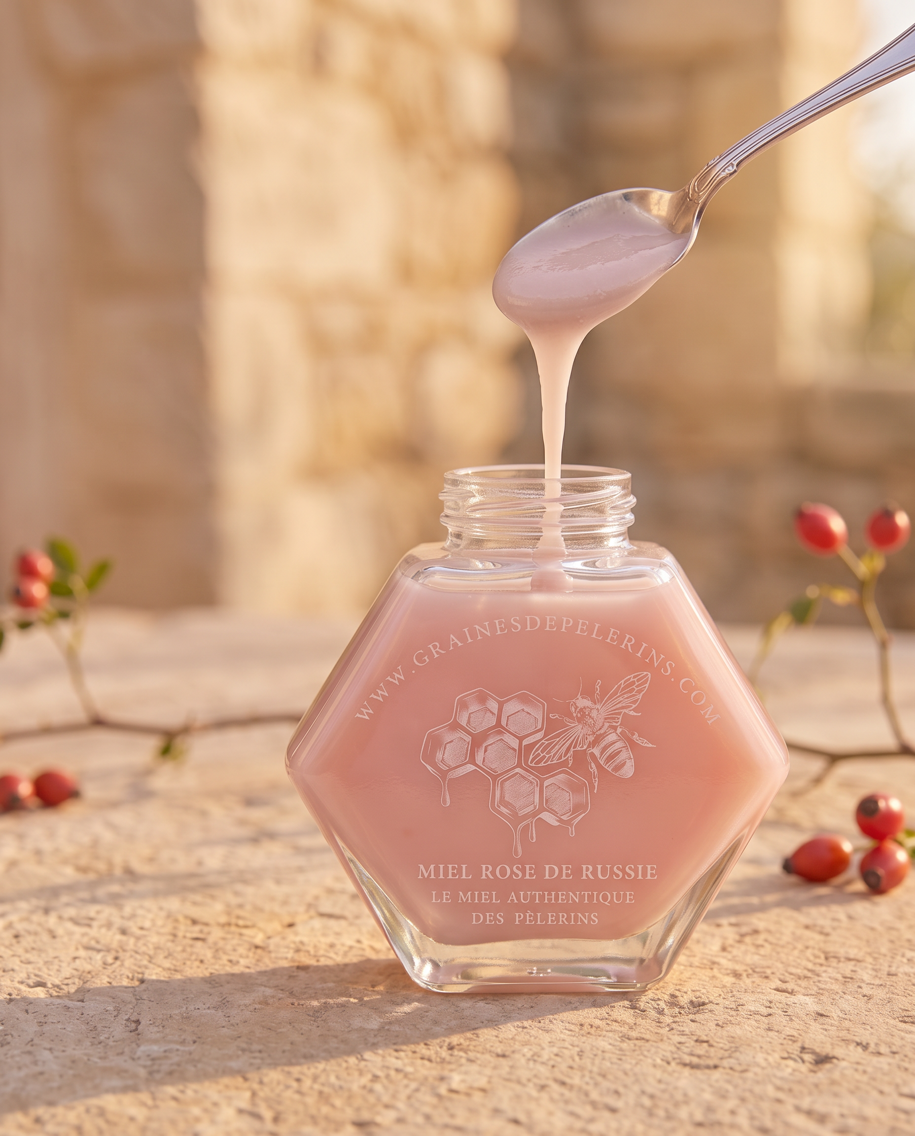 Texture rose poudré de l’Aromiel Rose s’étirant lentement depuis une cuillère
