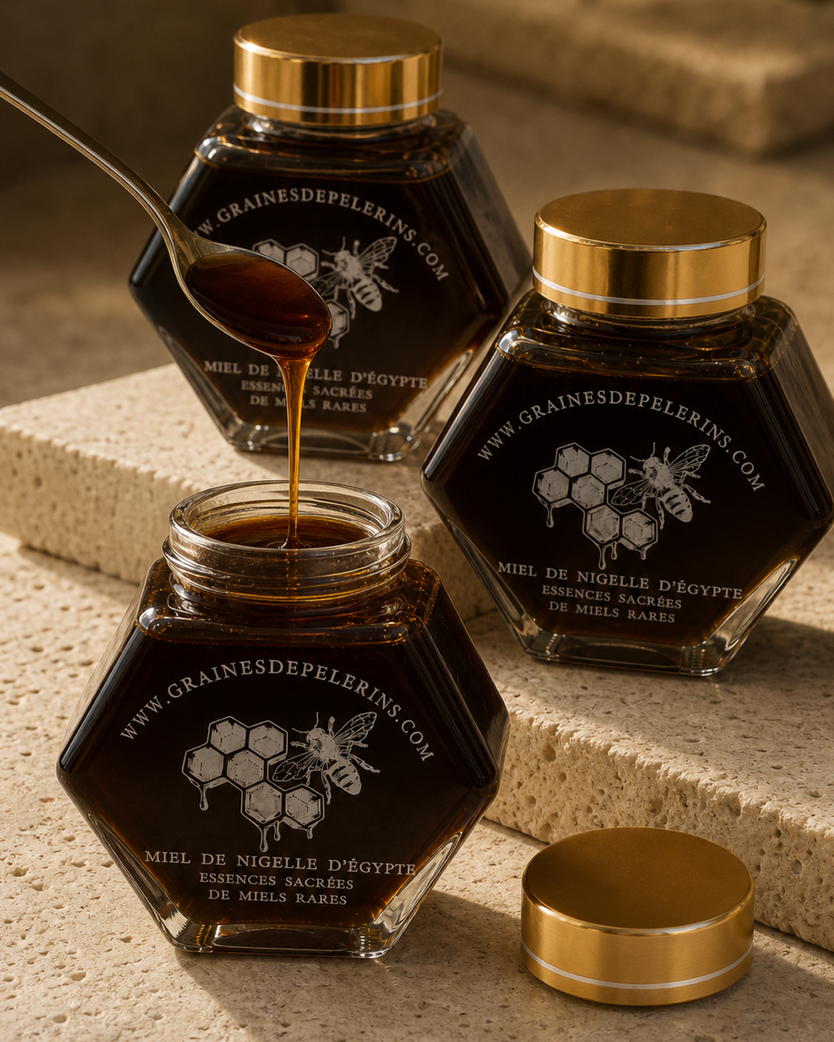 One open jar of Black Seed Honey and two reserve jars in the same tasting scene