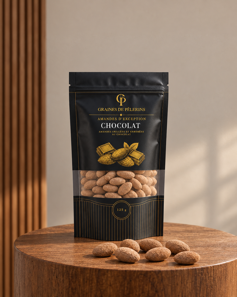 Amandes Chocolat sur une console de châtaignier.