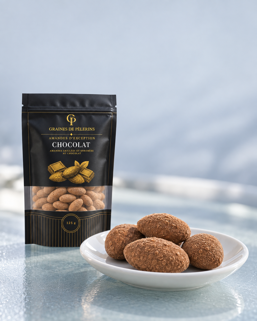 Almendras Chocolate en un cuenco blanco, con su bolsa sobre una mesa de vidrio esmerilado.