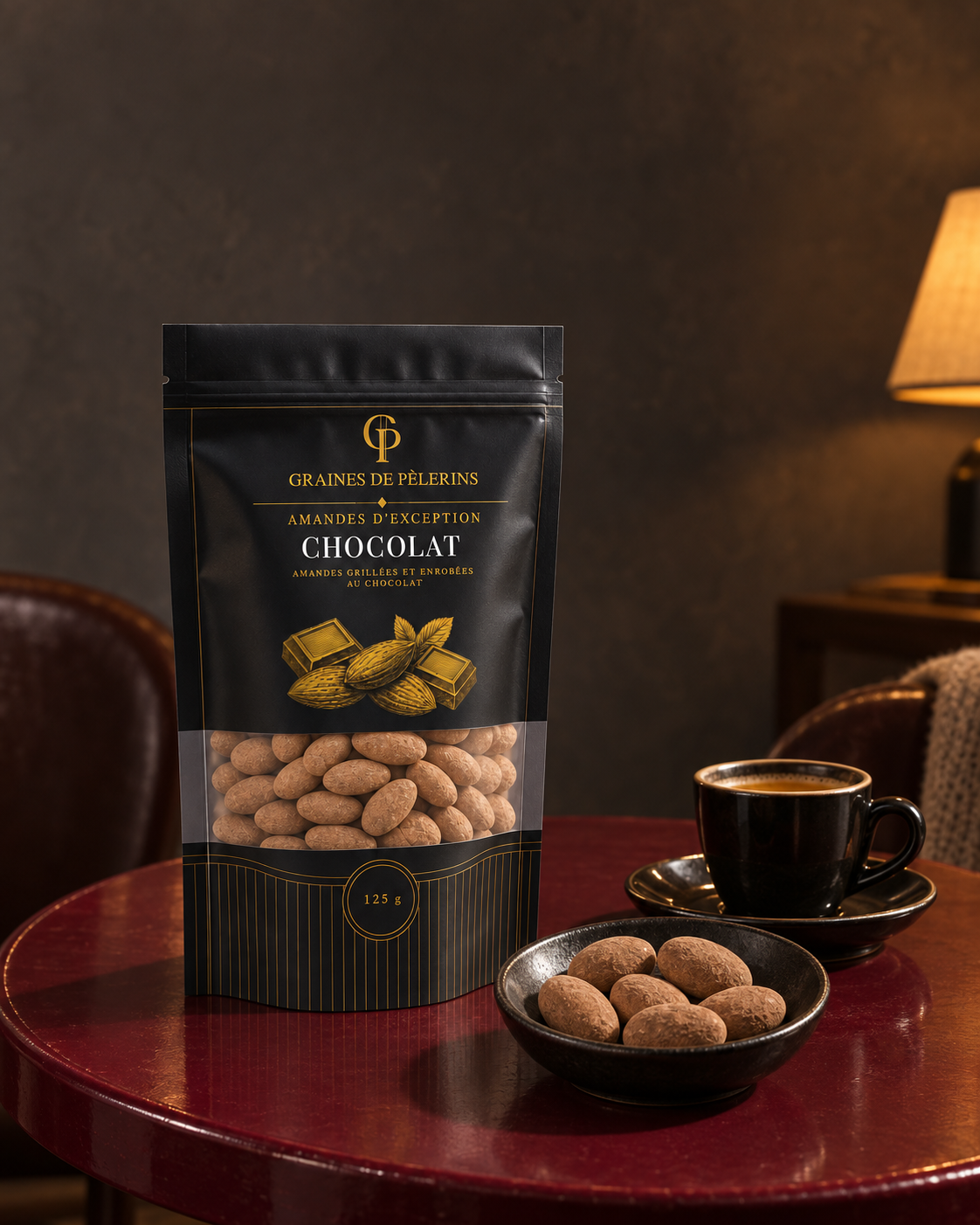 Sachet et coupelle d’amandes Chocolat près d’un café, dans un salon d’hiver.