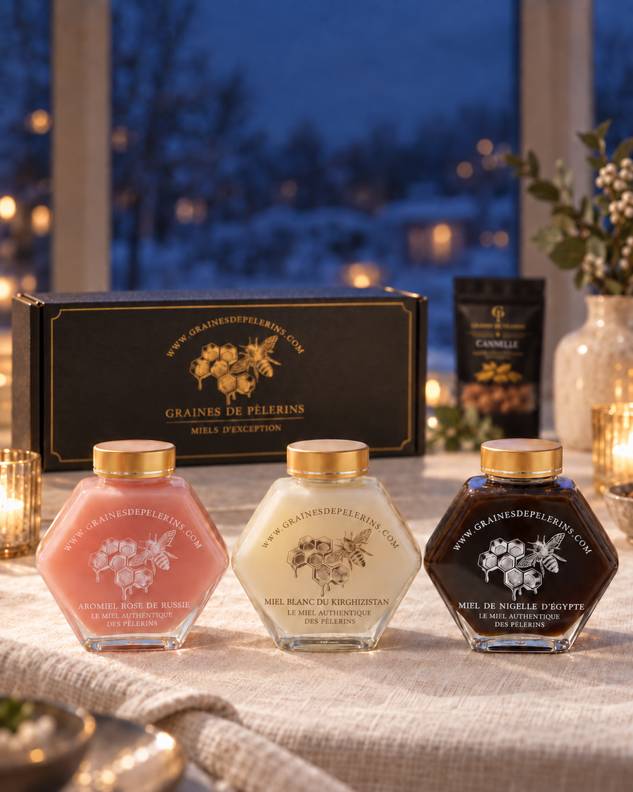 Découverte-Auswahl: weißer Honig, Schwarzkümmel-Honig und Rosen-Aromiel in einer winterlichen Inszenierung.