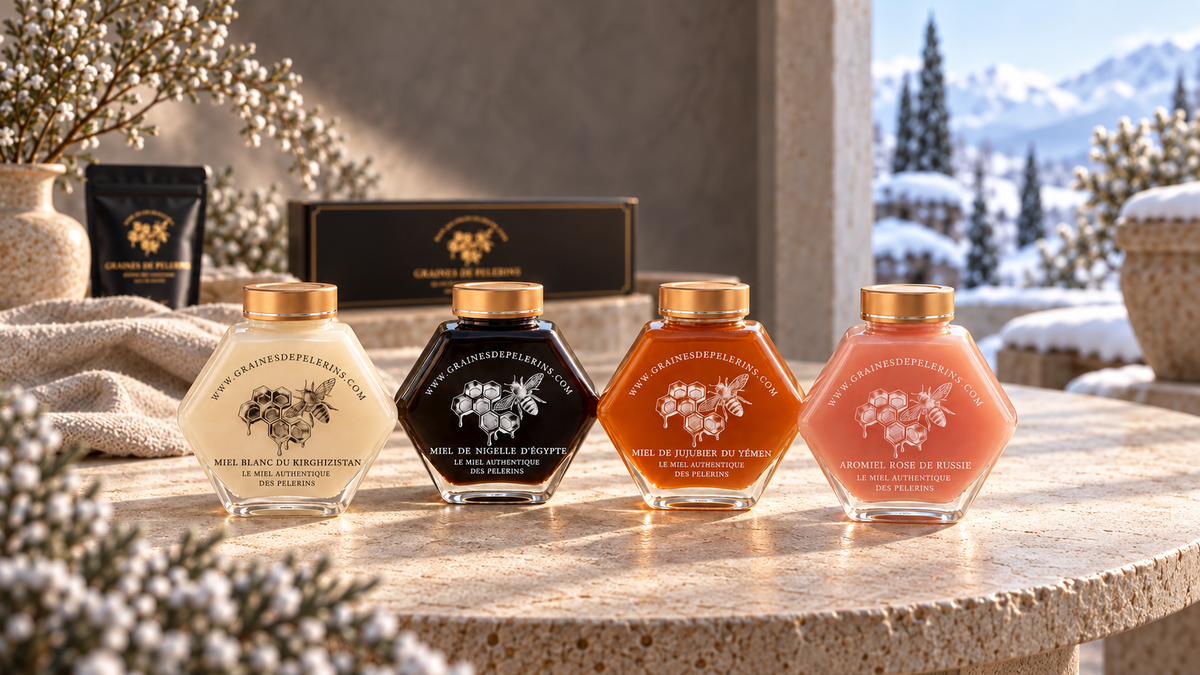 Selección de mieles Graines de Pèlerins con su estuche en un ambiente cálido de invierno