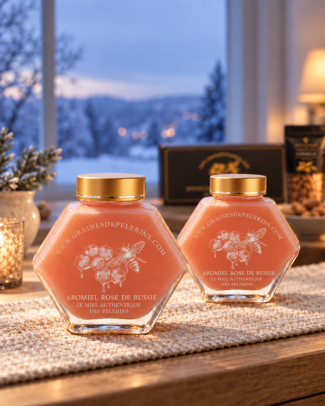 Dos frascos de Aromiel Rose sobre una mesa invernal, ante un gran estuche negro y dorado.
