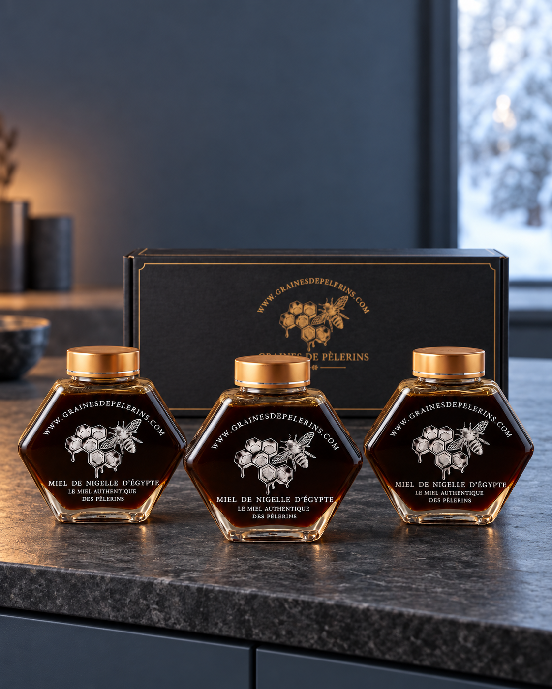 Trio Miel de Nigelle d'Égypte, 3×250g, écrin et cuillères bambou, été