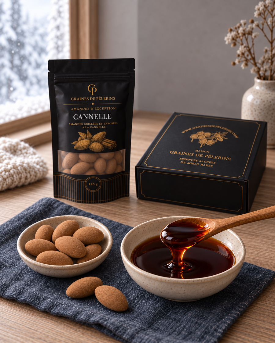 Miel de Nigella oscura servida con almendras Canela, su bolsa de 125 g y un estuche de miel negro y dorado.
