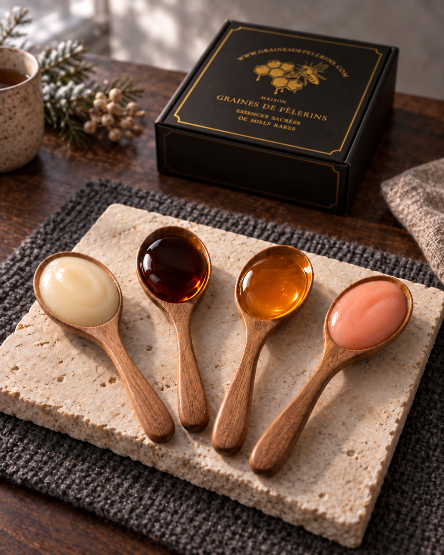Vier Verkostungslöffel: elfenbeinfarbener Weißer Honig, dunkler Nigella-Honig, bernsteinfarbener Jujubier-Honig und Aromiel Rose, mit einer schwarz-goldenen Honigschatulle im Hintergrund.