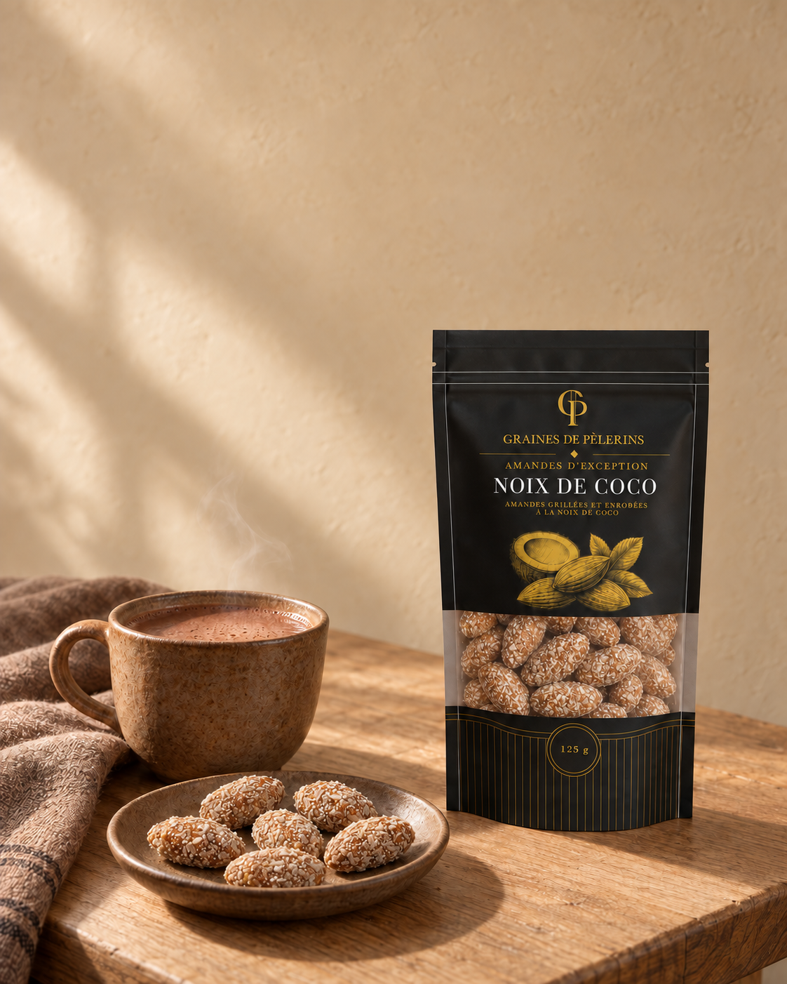Amandes Noix de Coco dans une assiette, avec leur sachet et une boisson chaude sur du bois clair.