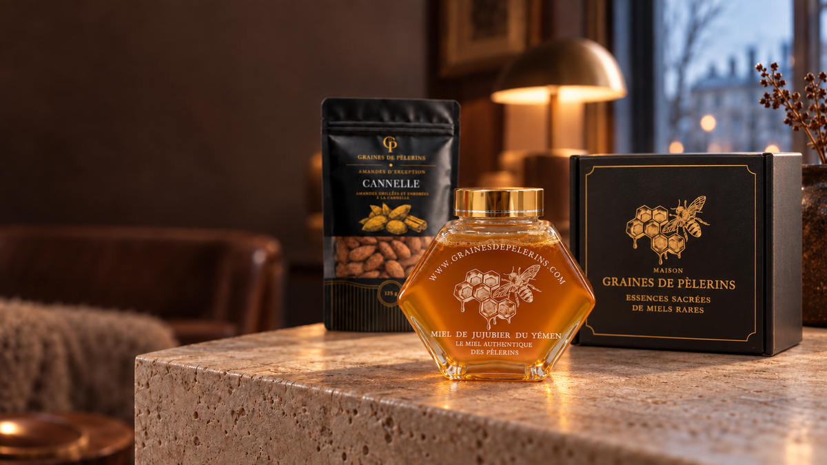 Miel de Jujubier du Yémen avec son écrin noir et or, accompagné d’Amandes Cannelle dans un salon hivernal.