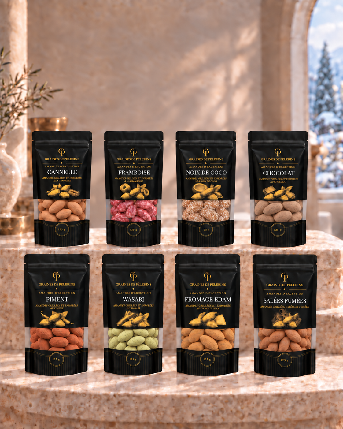 Huit sachets d’amandes aux huit saveurs, réunis sur un terrazzo dans une alcôve hivernale.