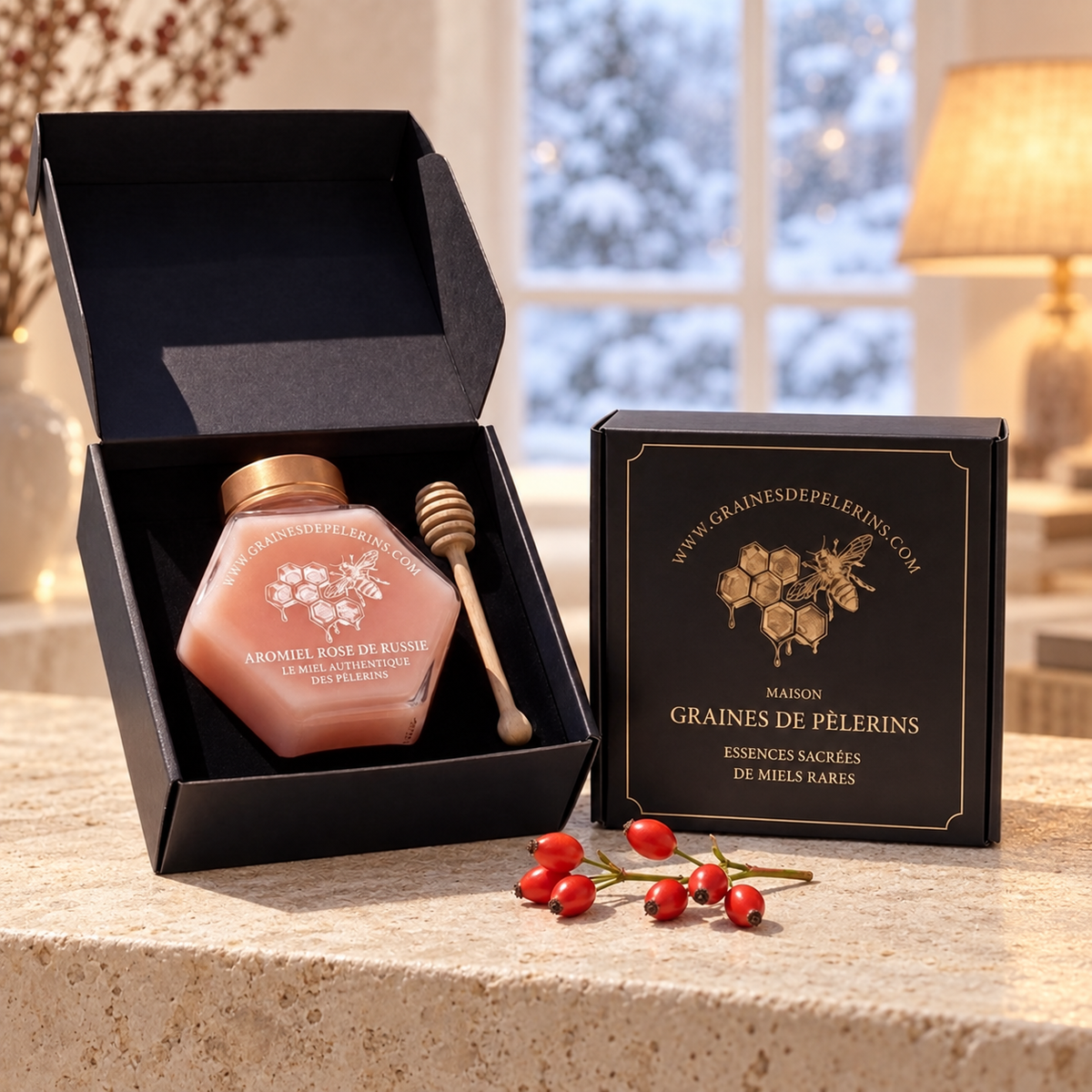 Aromiel Rose en su estuche negro y dorado abierto, con una cuchara de madera para miel, junto al estuche cerrado en un ambiente de invierno.