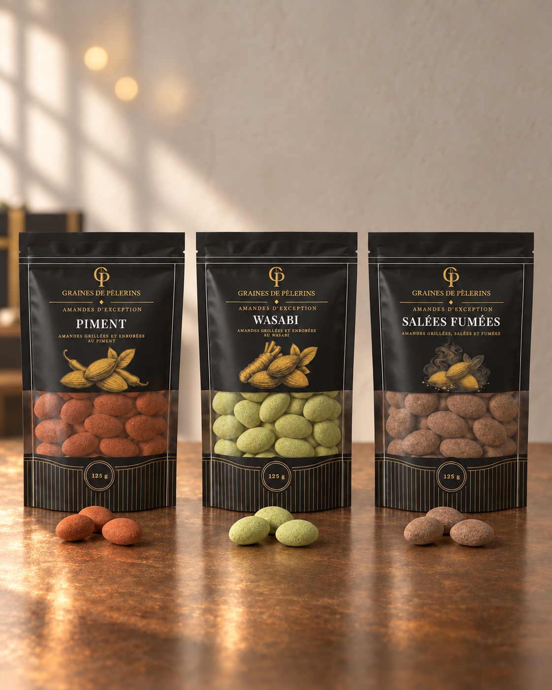 Les trois sachets Piment, Wasabi vert et Salées Fumées avec leurs amandes sur une table en bronze.