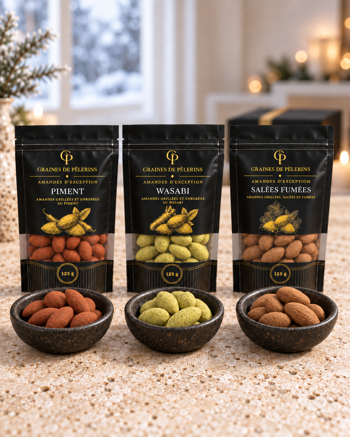 Les trois sachets Piment, Wasabi vert et Salées Fumées, accompagnés de trois coupelles noires, dans une lumière hivernale.