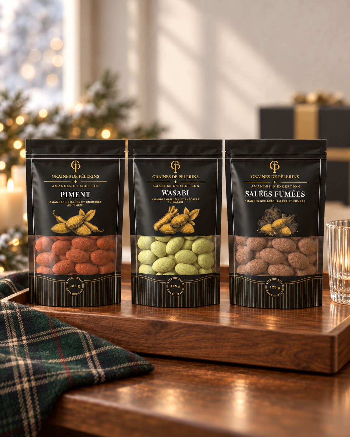 Les trois sachets Piment, Wasabi vert et Salées Fumées sur un plateau en noyer, avec une étoffe tartan verte et un verre cannelé.