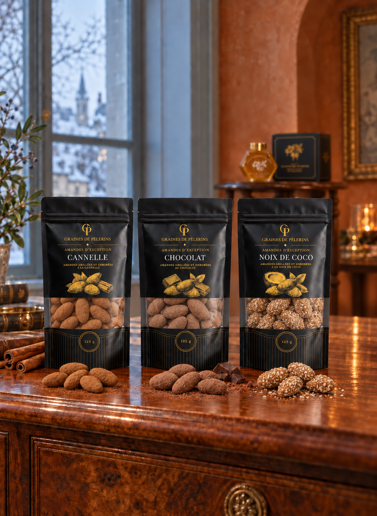 Trio Sucré : Amandes Cannelle, Chocolat et Noix de Coco, dans une scène de dégustation hivernale.