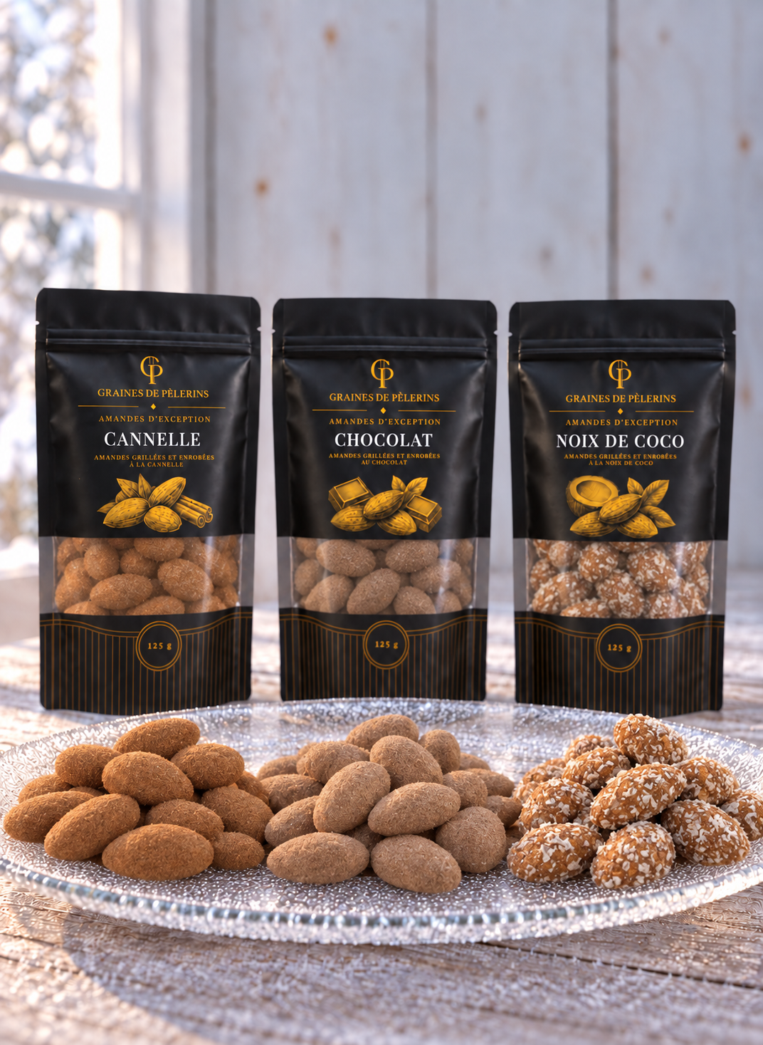 Les trois sachets du Trio Sucré et leurs amandes sur une table de verre givré.
