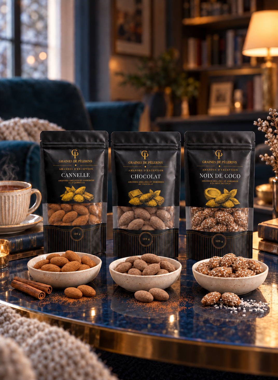 Trio Sucré avec trois coupelles d’amandes et une boisson chaude, dans une bibliothèque bleue.