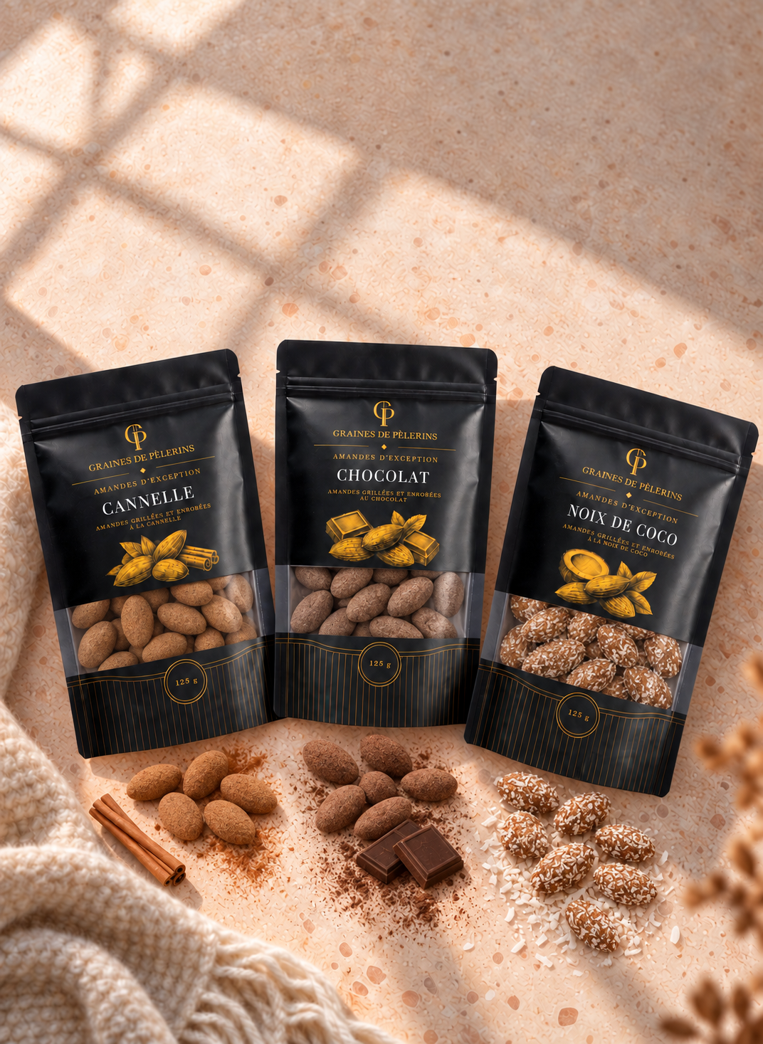 Trio Cannelle, Chocolat et Noix de Coco et ses amandes sur du terrazzo rose, vus de dessus.
