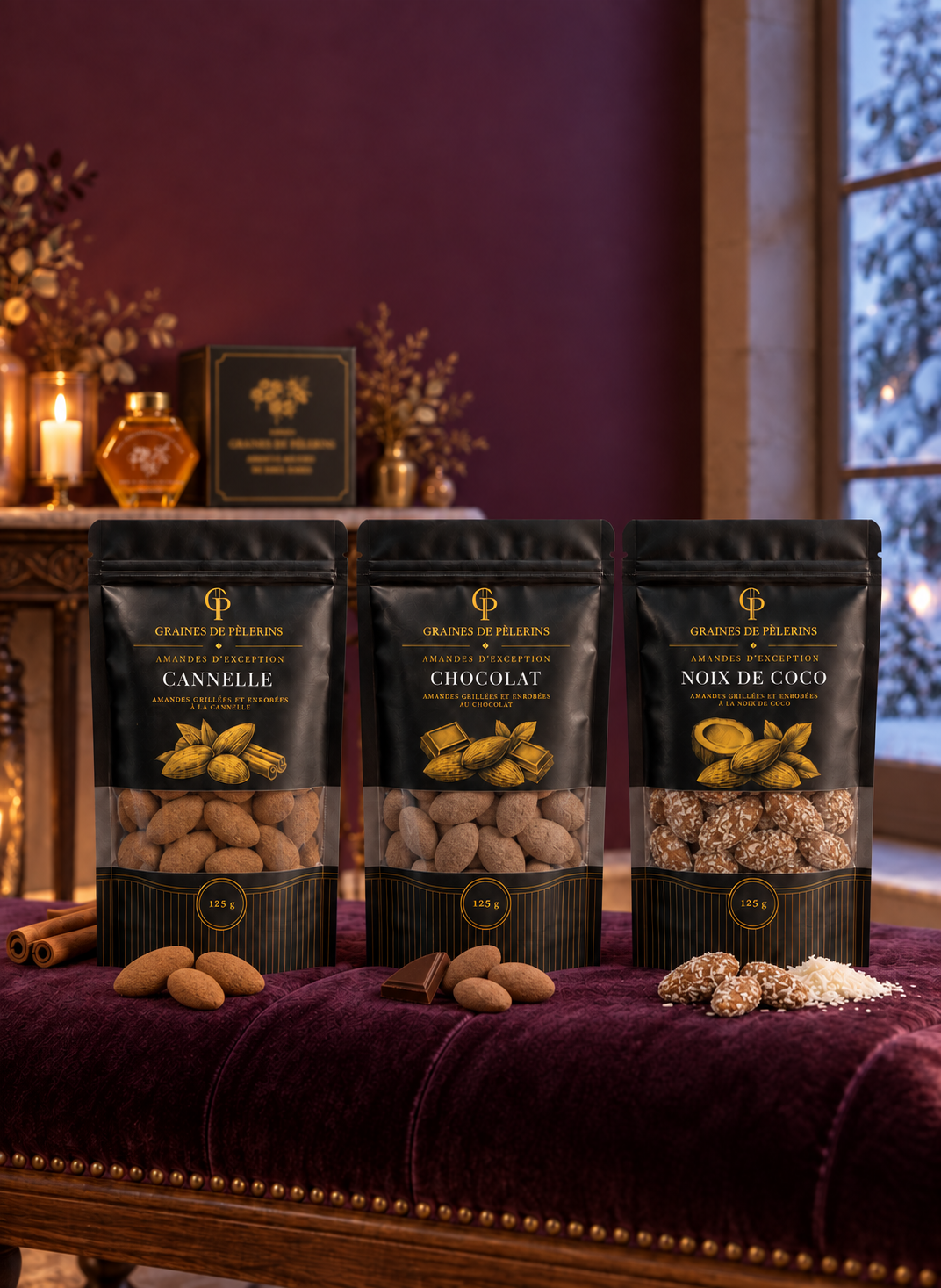 Sachets Cannelle, Chocolat et Noix de Coco sur du velours prune, avec un coffret de miel en arrière-plan.