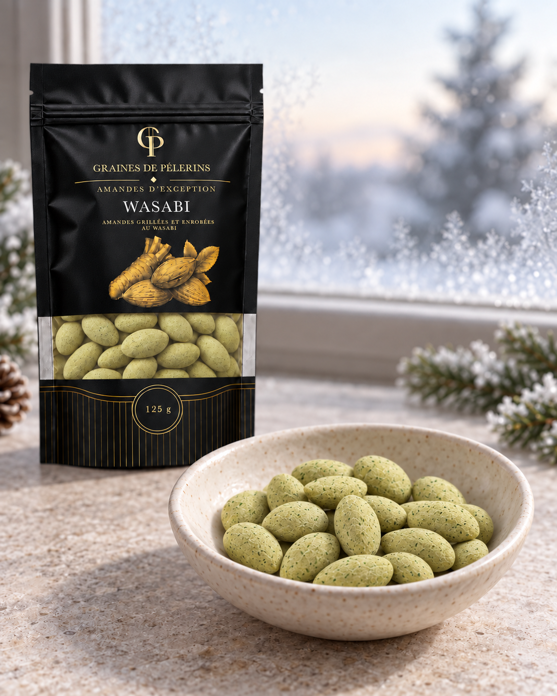 Amandes Wasabi sur une assiette en céramique ivoire, avec leur sachet en arrière-plan.