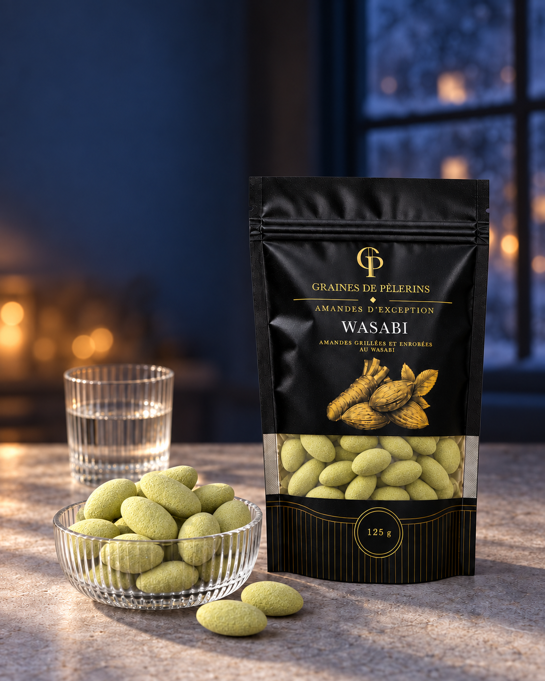 Sachet et coupelle d’amandes Wasabi près d’un verre strié, sur une table sombre.