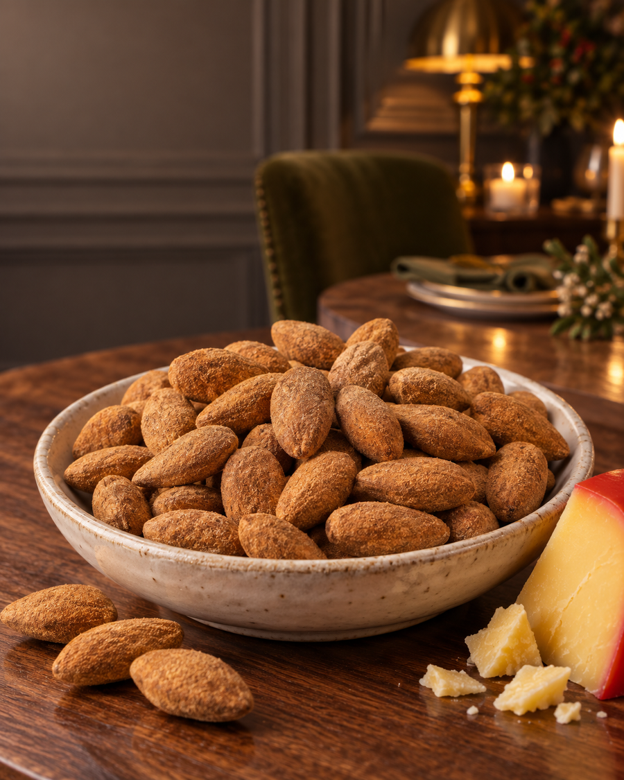 Primer plano de almendras con Queso Edam en un cuenco claro sobre una mesa de madera, con un trozo de Edam al lado y una mesa puesta desenfocada al fondo.