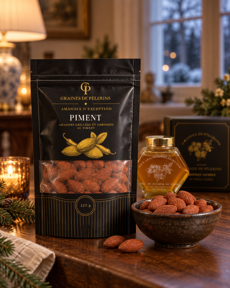 Amandes Piment, leur pochette noire et or et une coupelle en céramique dans un intérieur hivernal chaleureux ; miel et écrin distincts au second plan.