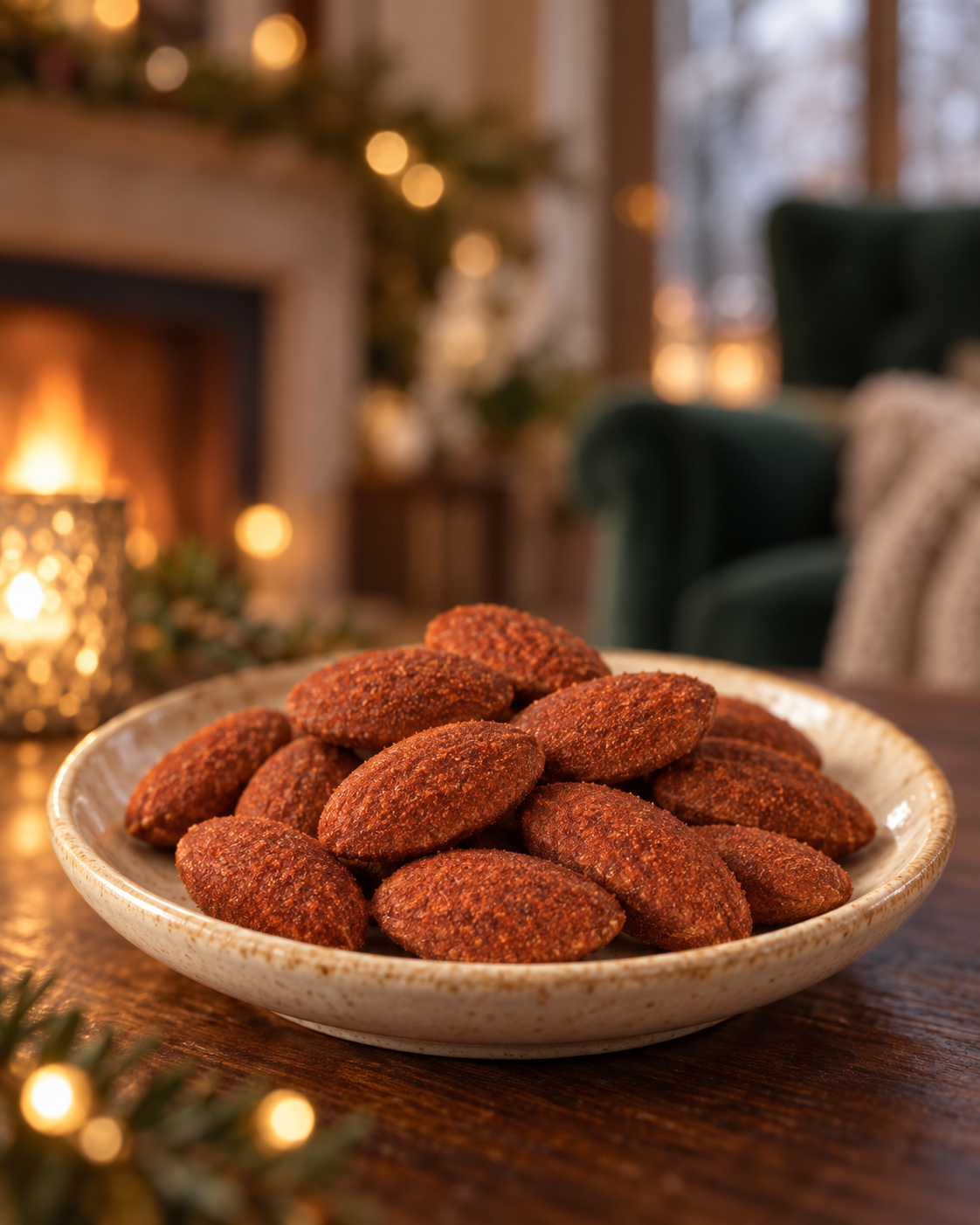 Primer plano de almendras con chile en un cuenco de cerámica clara sobre una mesa de madera, con una chimenea y una ventana invernal desenfocadas al fondo.