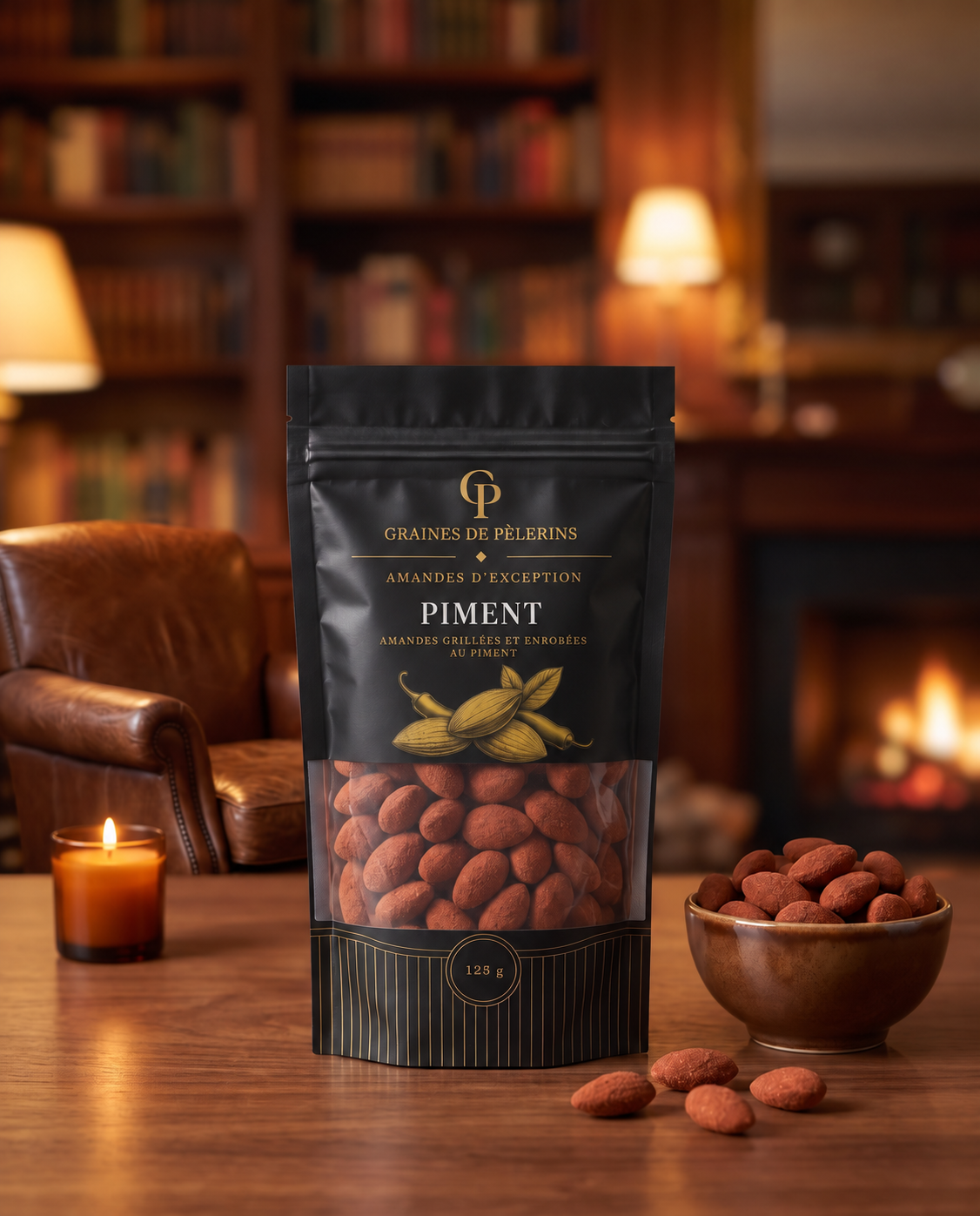 Almendras con Chile presentadas con un cuenco marrón sobre una mesa de madera, delante de una estantería de libros, con un sillón de cuero y una chimenea al fondo.