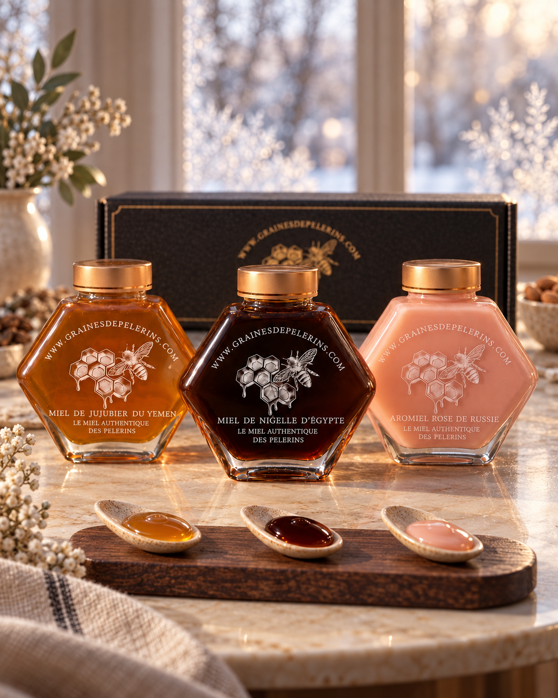 Dégustation du Coffret Les Trois Routes : trois cuillères de Jujubier, de Nigelle et d’Aromiel Rose