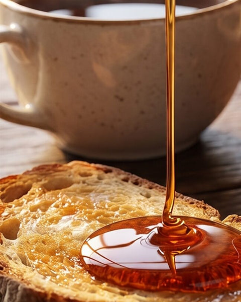 Goudamberkleurige honing die over een sneetje geroosterd brood loopt, met een dampende kop koffie