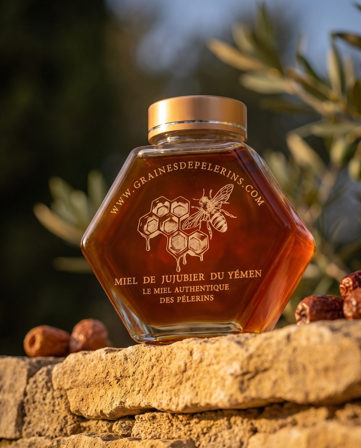Pot actuel de Miel de Jujubier du Yémen sur un muret de pierre avec des jujubes