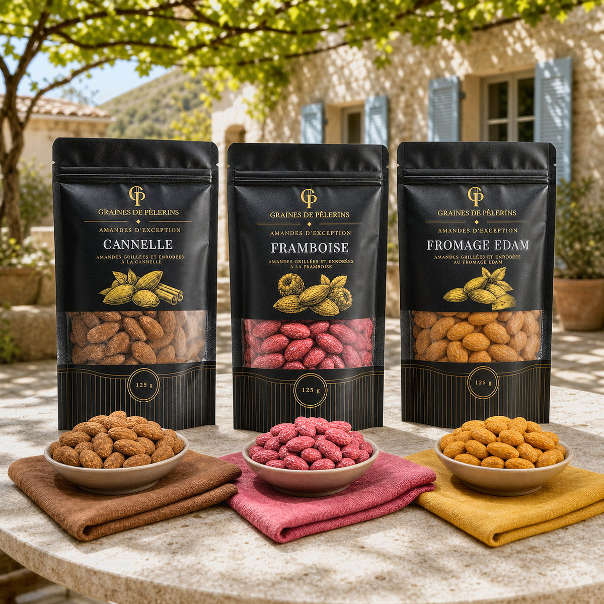 Trio Découverte d’Amandes d’Exception avec les sachets Cannelle, Framboise et Fromage Edam