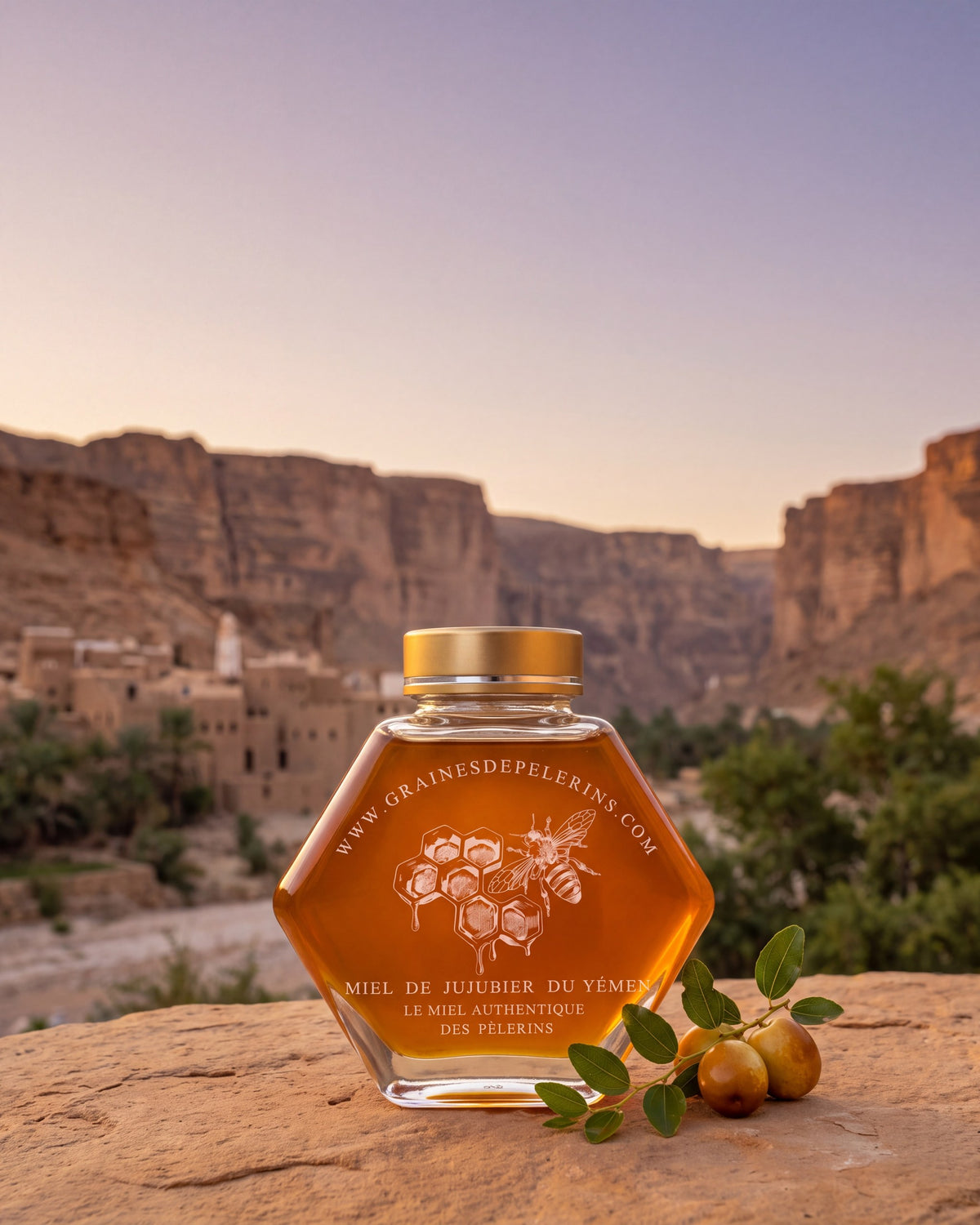 Miel de Jujubier du Yémen à bouchon doré posé sur une pierre, au coucher du soleil.